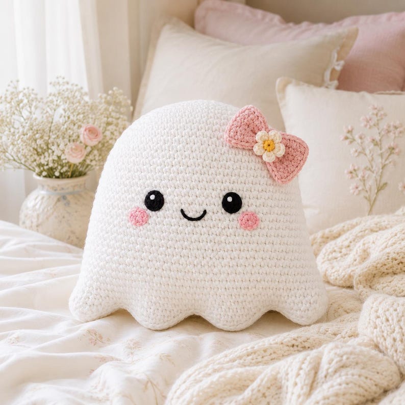 May include: A white crocheted ghost pillow with a rounded shape, featuring black embroidered eyes, a small black smile, and pink circular cheeks. A pink crocheted bow with a small white and yellow flower center is attached to the top right side.
