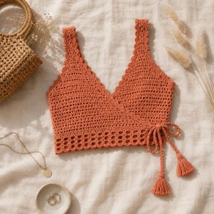 Haakpatroon voor een crop top, koraalkleurige kanten wikkeltop met V-hals in boho-stijl voor festivals (PDF-download)