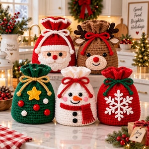 Puede incluir: Cinco bolsas de regalo de ganchillo con cordón y diseños navideños: un Santa Claus rojo, un reno marrón, un árbol de Navidad verde con estrella amarilla, un muñeco de nieve blanco con bufanda roja y una bolsa roja con un copo de nieve blanco.