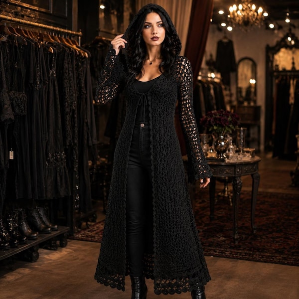 Gotisch haakpatroon mesh stofdoek met capuchon pdf, gewaad met bellmouw, heksachtig gehaakt vest voor outfit Halloween-festival