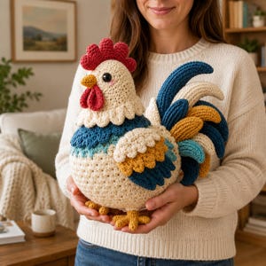 Puede incluir: Un gallo de ganchillo hecho a mano con cuerpo color crema, cresta y barbillas de color rojo brillante y pico amarillo. Las alas y las plumas de la cola presentan texturas superpuestas en tonos azul marino, verde azulado, amarillo mostaza y crema.