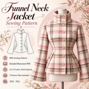 Puede incluir: Un patrón de costura para chaqueta con cuello chimenea y diseño de cuadros en crema, rosa y marrón. La chaqueta tiene cuello alto, mangas largas acampanadas y cierre de botones. Texto: Funnel Neck Jacket Sewing Pattern.