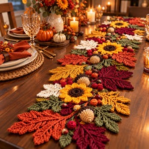 Puede incluir: Un camino de mesa de ganchillo con temática otoñal que presenta hojas de tela interconectadas en tonos naranja, rojo, amarillo y verde, intercaladas con girasoles, pequeñas bellotas y racimos de diminutas bayas rojas tejidas.