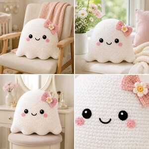 May include: A white crocheted ghost-shaped pillow featuring a smiling face with black eyes, a curved mouth, and pink circular cheeks. The ghost is adorned with a pink crocheted bow on its side, which is decorated with a small white and yellow flower.