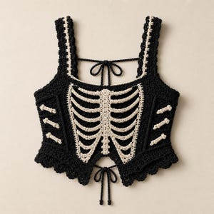 May include: A black crochet crop top featuring a cream-coloured rib cage and spine design on the front. The garment has thick shoulder straps, a scalloped hemline, and thin black tie closures at the centre back and the centre front bottom hem.