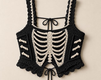 Crochet Skeleton Top Pattern PDF, Gothic Lace Up Corset, Halloween Festival Crop Top