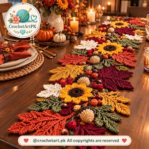 Autumn Crochet Table Runner Pattern, Woodland Leaves, Acorns, Berries (PDF)