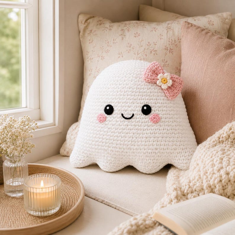May include: A white crocheted ghost plush toy with a rounded shape, black embroidered eyes, a small smile, and pink circular cheeks. A pink crocheted bow with a small white and yellow flower is attached to the top right side of the ghost's head.
