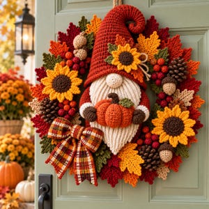 Könnte beinhalten: Ein dekorativer Kranz mit einem zentralen gehäkelten Wichtel, der einen kleinen orangefarbenen Kürbis hält. Der Kranz ist mit gehäkelten Sonnenblumen, roten und gelben Herbstblättern, braunen Tannenzapfen, Eicheln und einer karierten Stoffschleife verziert.
