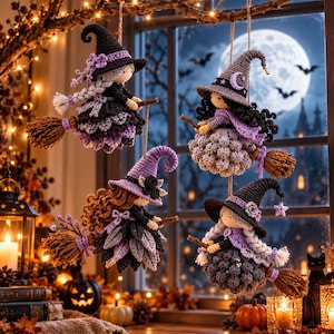 May include: Four crocheted witch ornaments hanging in front of a window. Each figure wears a pointed hat and rides a brown broomstick. The dolls feature yarn hair, purple and black clothing, and small decorative accents like stars and flowers.