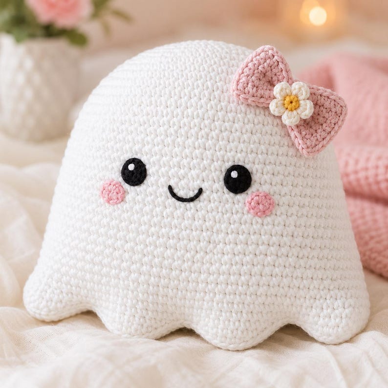 May include: A white crocheted ghost plush toy featuring a rounded shape, black embroidered eyes, a small black smile, and pink stitched cheeks. A light pink crocheted bow with a small white and yellow flower is attached to the top side.