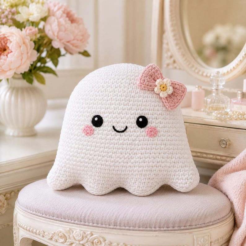 May include: A white crocheted ghost plush toy featuring a rounded shape with a scalloped bottom edge. The ghost has two black circular eyes, a small stitched smile, and two pink circular cheeks. A pink crocheted bow with a small white flower is attached.