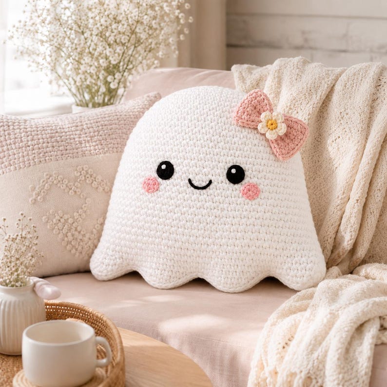 May include: A white crochet ghost plushie featuring black embroidered eyes, a small black smile, and pink circular cheeks. A light pink crocheted bow with a small white and yellow flower center is attached to the top right side of the ghost head.