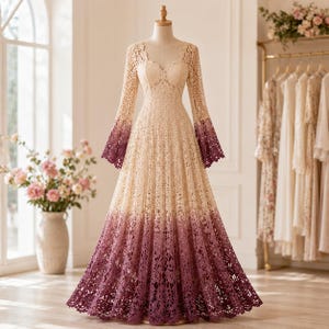 May include: A floor-length long-sleeve dress featuring an intricate crochet pattern. The garment displays a gradient color transition, starting with a light cream shade at the bodice and sleeves, fading into a deep plum purple at the hemline.