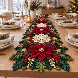 Peut inclure: Un long chemin de table de Noël rectangulaire présentant un motif crocheté de fleurs de poinsettia rouge foncé, de flocons de neige crème, de branches de pin vertes, de pommes de pin brunes, de petites baies rouges et d'étoiles dorées.
