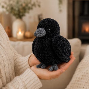 Könnte beinhalten: Ein kleiner, handgefertigter Häkelvogel aus weichem, schwarzem samtartigem Garn. Der Vogel hat einen runden Körper, einen strukturierten grauen Schnabel, kleine graue Füße und ein einzelnes sichtbares schwarzes Kunststoffauge am Kopf.