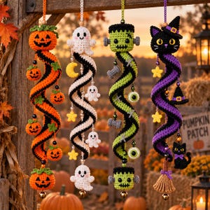 4-i-1 Halloween-virkad vindspinnare i PDF-format, läskigt amigurumi-dekorpaket
