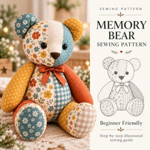 Naaipatroon voor een herinneringsbeer (PDF), patroon voor een kleine, middelgrote of grote teddybeer, naaipatroon voor een aandenkenbeer, A4, A0, US Letter, projectorformaat