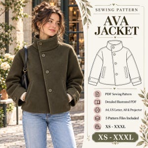 Könnte beinhalten: Eine dunkelolivgrüne Jacke mit hohem Kragen, langen Ärmeln und Knopfleiste. Das Bild enthält den Text: SEWING PATTERN AVA JACKET, PDF Sewing Pattern, Detailed Illustrated PDF, A4, US Letter, A0 & Projector, 5 Pattern Files Included, XS - XXXL.