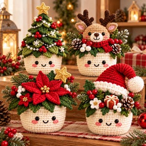 Peut inclure: Quatre jardinières en crochet avec des visages souriants, chacune présentant des décorations de Noël différentes : un sapin vert avec une étoile jaune, un renne marron, une fleur de poinsettia rouge et un bonnet de Père Noël rouge.