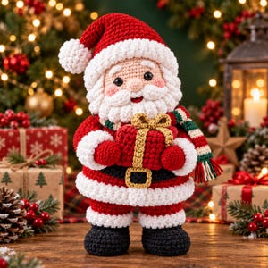 May include: A crocheted Santa Claus figurine wearing a red suit with white trim, a black belt with a gold buckle, and a matching hat. The figure has a white beard, holds a small red gift box with a gold ribbon, and wears a striped scarf.