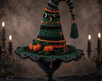 May include: A crocheted witch hat featuring horizontal stripes in black, dark green, and orange. The hat is adorned with small orange crocheted pumpkins, gold-toned metal moon and star charms hanging from the brim and tip, and a green tassel.