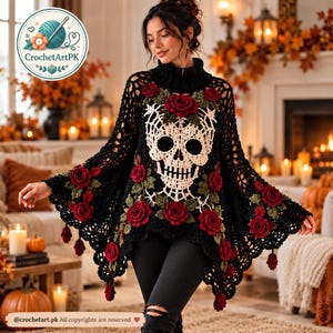 Gothic skull crochet poncho pattern pdf, black lace poncho with ivory skull, burgundy roses, gothic Halloween cape pattern