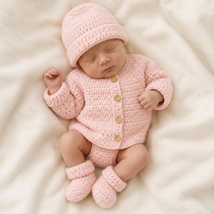 Può includere: Un set per neonati lavorato all'uncinetto in rosa chiaro composto da un cardigan a maniche lunghe con quattro bottoni in legno, un berretto abbinato con bordo risvoltato e un paio di scarpine morbide. Il set presenta un motivo a maglia uniforme.