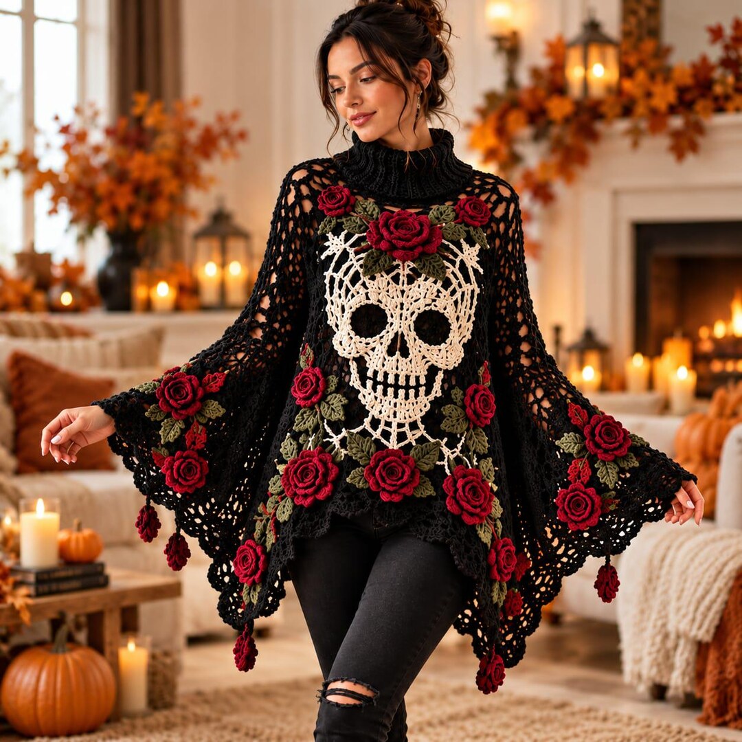 Gothic Skull Crochet Poncho Pattern Pdf, Black Lace Poncho With Ivory ...