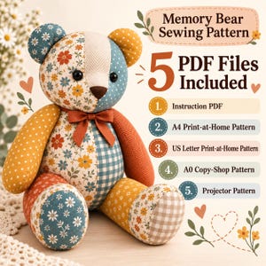 Memory Bear Sewing Pattern PDF, 3 Sizes Small Medium Large, Keepsake Teddy Bear Pattern, A4 A0 US Letter Projector Files