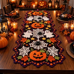 Halloween-Tischläufer-Häkelanleitung (PDF), Tischläufer mit Gruselmotiv, Kürbis-Geist-Spinnennetz-Häkelanleitung, Halloween-Dekoration