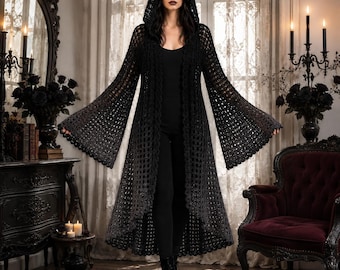 Gothic Crochet Pattern Hooded Mesh Duster, Bell Sleeve Robe PDF, Witchy Crochet Cardigan for Halloween Outfit
