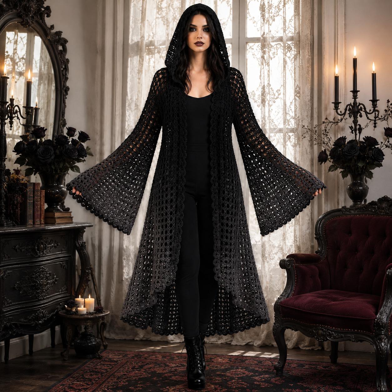 37 Duster Crochet Patterns for Boho Layers, Lace Cardigans, and Statement Coats 35 Gothic Crochet Pattern Hooded Mesh Duster