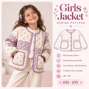 Molde para jaqueta infantil em PDF, molde para jaqueta acolchoada feminina, molde para jaqueta patchwork, molde para casaco infantil de 6 meses a 10 anos.