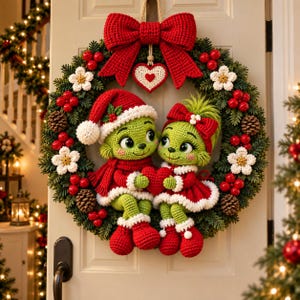 May include: A Christmas wreath featuring two green crocheted figures, one wearing a Santa hat and the other a red bow, holding a red heart. The wreath is decorated with red berries, white crocheted flowers, pinecones, and a large red bow at the top.