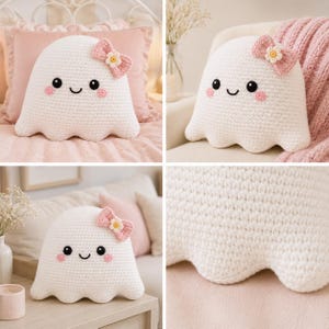 May include: A white crochet ghost pillow featuring a smiling face with black eyes, a curved mouth, and pink circular cheeks. The ghost is adorned with a small pink bow on its head, which has a white and yellow flower at its center.