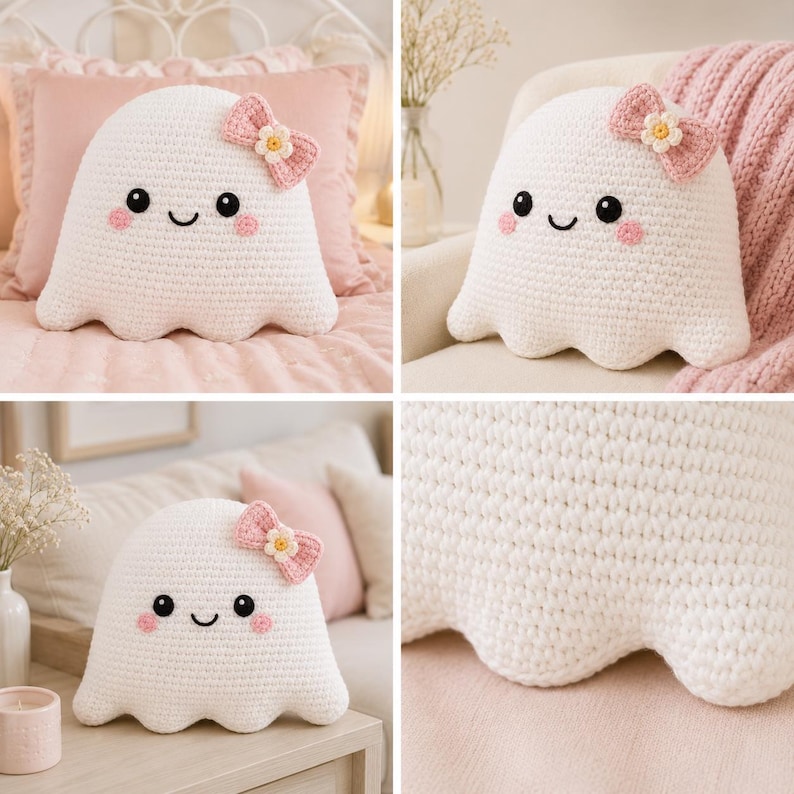May include: A white crochet ghost pillow featuring a smiling face with black eyes, a curved mouth, and pink circular cheeks. The ghost is adorned with a small pink bow on its head, which has a white and yellow flower at its center.