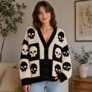 Gehaakt gotisch vest voor dames, vest met schedelpatchwork (pdf), oversized gehaakte trui
