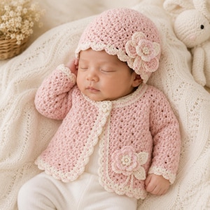 Può includere: Un set composto da cardigan e berretto per neonati lavorati all'uncinetto in rosa chiaro. Il cardigan presenta un bordo smerlato color crema, una chiusura con un singolo bottone effetto perla e un'applicazione floreale all'uncinetto.
