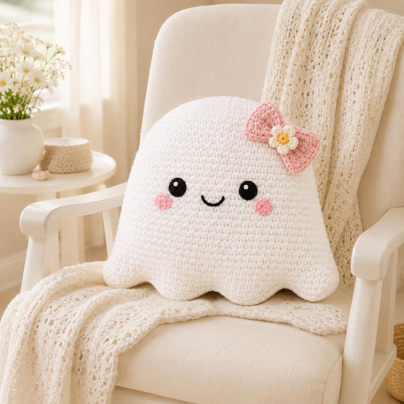 May include: A white crocheted ghost-shaped pillow featuring a smiling face with black circular eyes, a small curved mouth, and pink circular cheeks. A light pink crocheted bow with a small white and yellow flower is attached to the top corner.