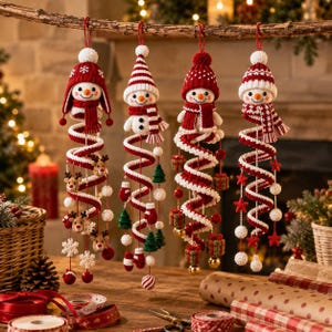 May include: Four crocheted snowman ornaments hanging from a branch. Each snowman wears a red and white hat and scarf. Below each snowman is a long, red and white spiral tail decorated with small crocheted reindeer, snowflakes, trees, and gifts.