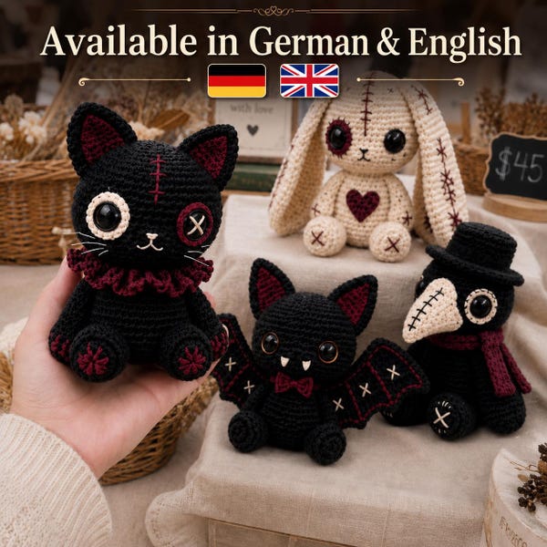Gothic Häkelanleitung PDF, Gruseliges Amigurumi Puppen Set (Digitaler Download)