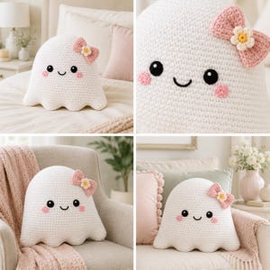 May include: A white crocheted ghost-shaped pillow featuring a pink bow with a small yellow and white flower attached to the top. The ghost has black embroidered eyes, a curved black mouth, and two small pink circular cheeks stitched on the front.