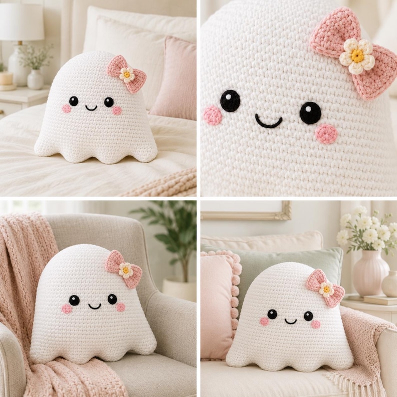 May include: A white crocheted ghost-shaped pillow featuring a pink bow with a small yellow and white flower attached to the top. The ghost has black embroidered eyes, a curved black mouth, and two small pink circular cheeks stitched on the front.