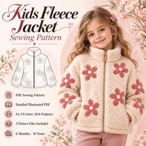 Puede incluir: Un patrón de costura para chaqueta de forro polar infantil, con una chaqueta color crema con aplicaciones de flores rosas, cuello alto y cremallera. Texto incluido: Kids Fleece Jacket Sewing Pattern, PDF Sewing Pattern, Detailed Illustrated PDF, A4, US Letter, A0 & Projector, 5 Pattern Files Included, 6 Months - 10 Years.