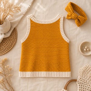 May include: A sleeveless crochet top in a vibrant mustard yellow colour featuring a ribbed cream-coloured neckline and hem. The set includes a matching mustard yellow crochet headband with a bow detail, both crafted with a consistent textured stitch.