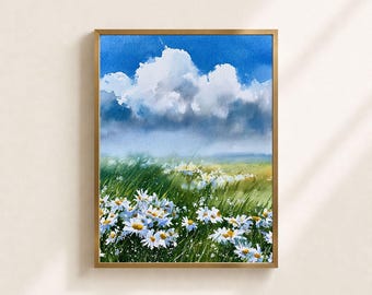 手描きのデイジーの草原の水彩画オリジナルアート、青空と雲と花の風景