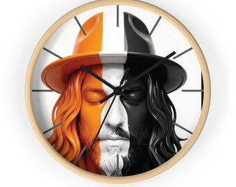 Wall Clock | Orange Black Man Hat Art, Wood Frame (10x10 Inch)