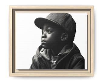 Jungenporträt Matte Leinwand Gerahmt | Schwarz-weiß Fotografie Wandkunst