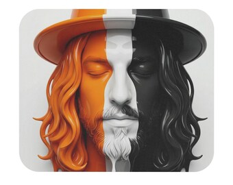 Alfombrilla de ratón con ilustración de mago de cara partida / Magia naranja, negra y blanca